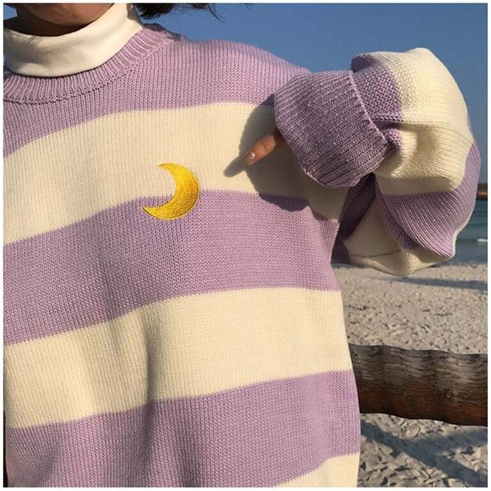 Women Kawaii Ulzzang College Wind Candy Contrast Striped Moon Sweater Clothing