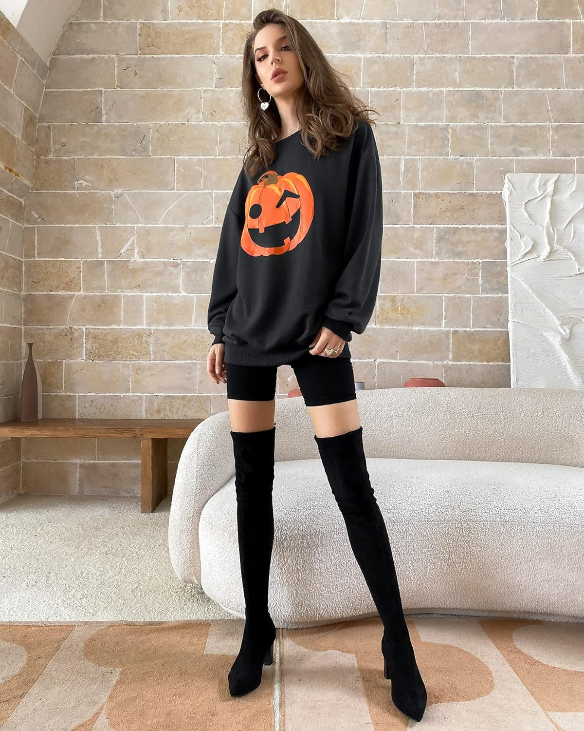 Women Halloween Sweatshirts Hoodies Sweater Dress Oversized Reindeer Tunic Crewneck Thanksgiving Shirts Tops Slouchy Trendy