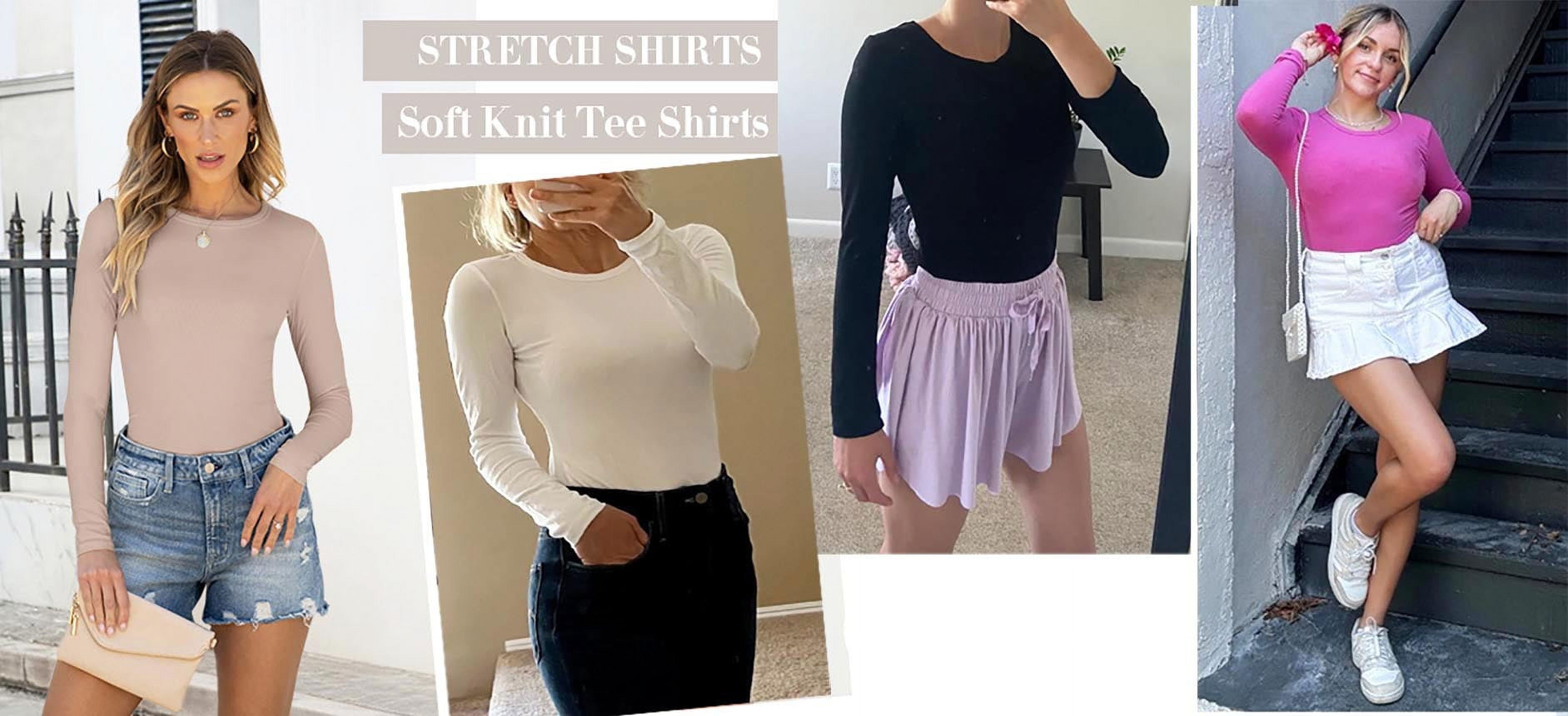Fitted Long Sleeve Shirts for Women Stretch Casual Basic Tops Crewneck Ribbed Tees Shirts