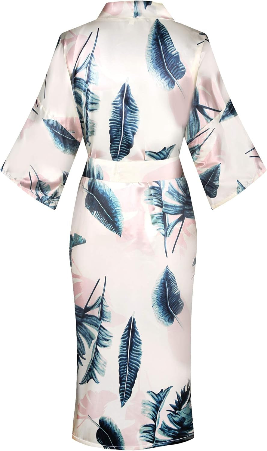 Women Long Silky Bathrobe Satin Kimono Robe Floral Printed Dressing Gown Sleepwear