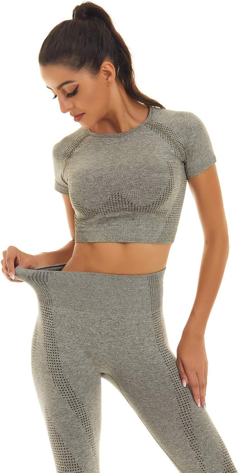 Women Seamless Workout Outfits Yoga 2 Piece Set Legging Short Sleeve Top (Green Gray, Small)