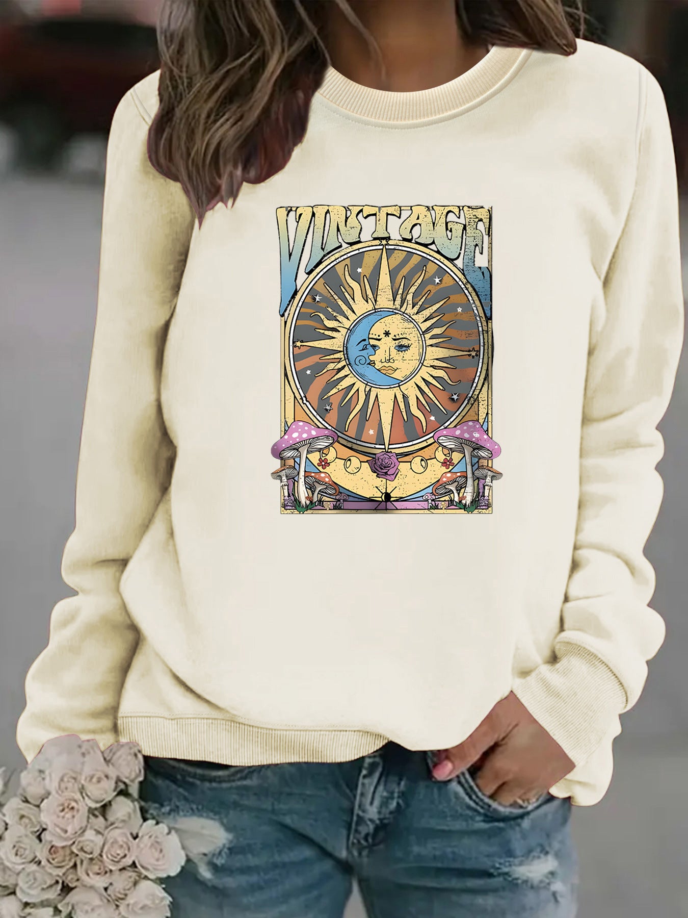 Women's Autumn And Winter Clothing Casual Long Sleeve Round Neck Sun Moon Print Pullover Sweater Sweatshirt